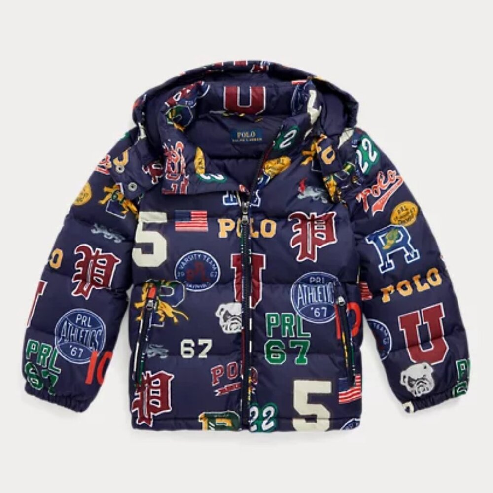 Polo by Ralph Lauren Navy Multi-Color Logo Print Puffer Jacket